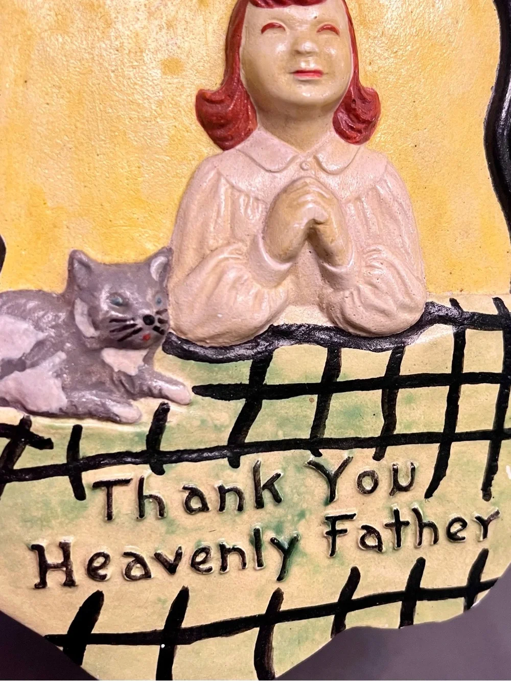 VTG Chalkware Wall Decor Red Head Let & Gray Cat “Thank You Heavenly Father”